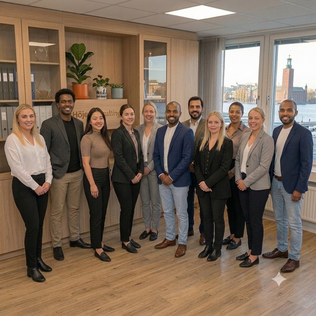 Team på Höjer Consulting AB i kontorsmiljö med utsikt över Stockholm